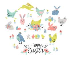 Buona Pasqua. Vector set di pollo e coniglietti di Pasqua per carta, poster, flyer e altri utenti.