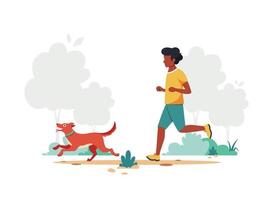 uomo di colore che fa jogging con il cane. attività all'aperto, sport, cura di sé vettore