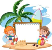 modello di banner vuoto con molti bambini in vacanza estiva in spiaggia vettore