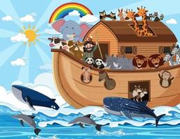 l'arca di Noè con animali nella scena dell'oceano vettore