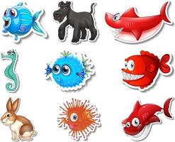 set di adesivi con personaggi dei cartoni animati di animali marini e cani vettore