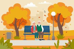 coppia di anziani seduti sulla panchina nel parco in autunno. vettore