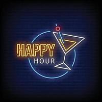 insegna al neon dell'happy hour sul muro di mattoni vettore