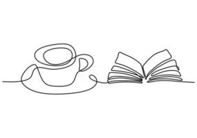 disegno a linea continua di un libro aperto accanto a una tazza di caffè vettore