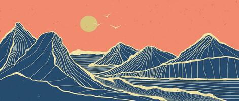 montagne e oceano paesaggio illustrazione. creativo minimalista moderno linea arte Stampa. astratto contemporaneo estetico sfondi paesaggi. con oceano, colline, onda vettore