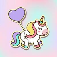 carino unicorno con con viola Palloncino. cartone animato vettore illustrazione, etichetta