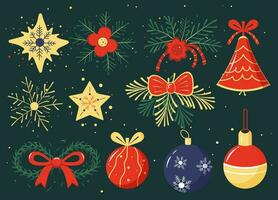 Natale decorazioni. abete rosso palle Natale campana. Natale fronzolo nel cartone animato stile. vettore illustrazione