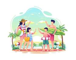 famiglia felice che si diverte sulla spiaggia durante l'illustrazione estiva vettore