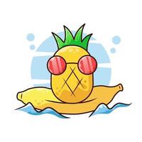 ananas che fa surf con l'illustrazione del fumetto di vettore della banana