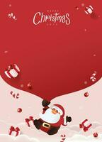 Santa Claus con un' enorme Borsa su il correre per consegna Natale i regali a neve autunno. allegro Natale testo calligrafico lettering vettore illustrazione.