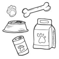 carino cartone animato cane e gatto cibo impostare. con alimentazione piatto, cibo lattina e scatola, e supplemento icone. mano disegnato scarabocchio vettore illustrazione.