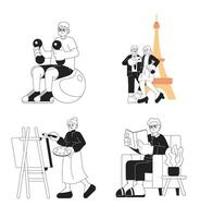 la pensione Hobby nero e bianca cartone animato piatto illustrazione impostare. stile di vita pensionato pensionati lineare 2d personaggi isolato. anziano tempo libero attività monocromatico scena vettore Immagine collezione