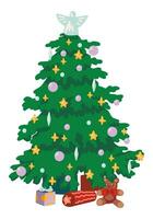 Natale albero. colorato cartone animato scarabocchio di decorato abete. mano disegnato vettore illustrazione. singolo disegno isolato su bianca. elemento per inverno vacanze disegno, Stampa, etichetta, carta, arredamento, avvolgere.