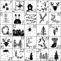 Natale Avvento calendario con mano disegnato nero e bianca elementi. natale manifesto. vettore