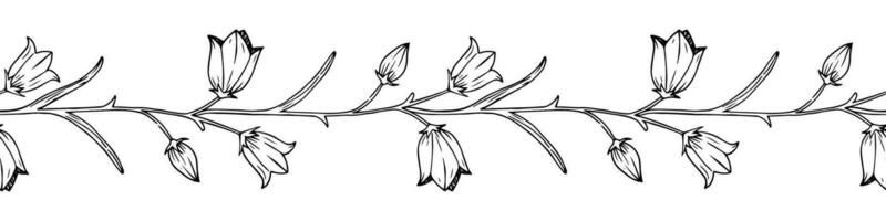 vettore mano disegnato campanula e le foglie senza soluzione di continuità spazzola. Fiore di campo nel realistico stile. floreale schizzo modello.