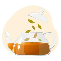 bicchiere teiera con tè.trasparente bicchiere teiera con tè le foglie. salutare bevande concetto.vettore illustrazione per caffè, annunci, banner vettore