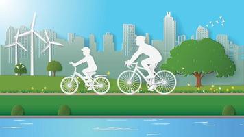 concetti di energia verde, padre e figlio vanno in bicicletta nei parchi cittadini city vettore