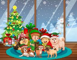 scena natalizia al coperto con molti bambini e simpatici cani vettore