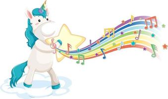 carino unicorno con stella con simboli melodia su arcobaleno vettore