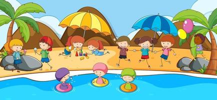 scena della spiaggia con molti bambini doodle personaggio dei cartoni animati vettore