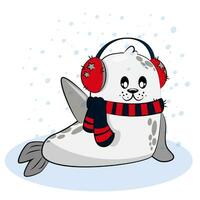vettore cartone animato carino Natale foca su inverno giorno