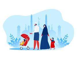 famiglia musulmana che cammina nel parco ragazzo, personaggi dei cartoni animati piatti vettore