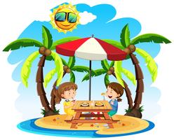 I bambini si divertono a pranzo in spiaggia vettore