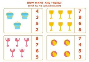 gioco di conteggio con elementi estivi dei cartoni animati. foglio di lavoro di matematica. vettore