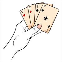 gioco d'azzardo. carte da gioco in mano. casinò, fortuna, fortuna. quattro assi. vettore