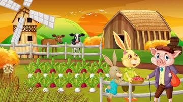 fattoria al tramonto scena con famiglia di conigli e un cartone animato di maiale vettore