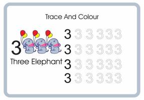 conta traccia e colora l'elefante numero 3 vettore