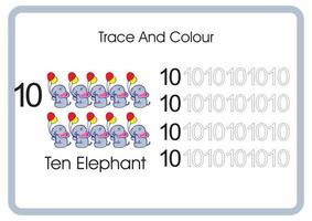 conta traccia e colora l'elefante numero 10 vettore