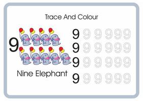 conta traccia e colora l'elefante numero 9 vettore