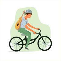 giovane uomo, ragazzo con chitarra cavalcate un' bicicletta vettore