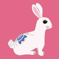 bianca coniglio nel cartone animato stile con fiori vettore