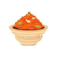 indiano tradizionale cibo. carota halwa con pistacchi e anacardi, gajar ka halwa nel un' ciotola con un' modello. Diwali mithai colorato piatto illustrazione. isolato su bianca sfondo. vettore