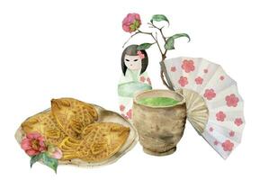 acquerello mano disegnato tradizionale giapponese dolci. ceramica piatto, taiyaki camelia kokeshi Bambola. isolato su bianca sfondo. design per inviti, ristorante menù, saluto carte, Stampa, tessile vettore