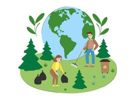 giovane persone prendere cura di pianeta. volontari pulizia terra a partire dal spazzatura. ambiente protezione e natura cura concetto. Salva il pianeta. ecologia vettore illustrazione