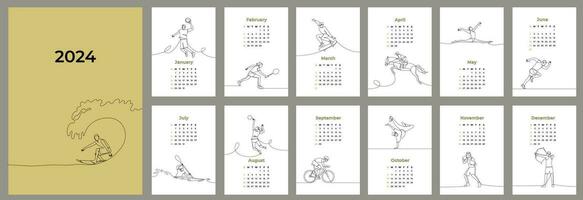 2024 verticale calendario design modello. gli sport, tipi di gli sport. il settimana inizia su domenica. 12 mese progettista modello. vettore schema illustrazione