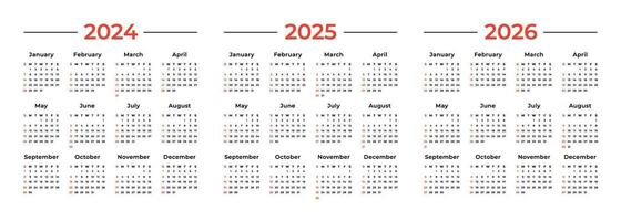 calendario 2024, 2025, 2026. il settimana inizia su domenica. semplice calendario disposizione. 12 mese scrivania progettista modello. organizzatore nel inglese. vettore illustrazione