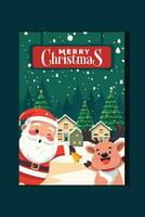 Natale striscione, Santa e carino sorridente Natale renna consegna i regali nel Babbo Natale slitta. decorato con neve, alberi e Natale villaggio. vettore