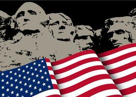agitando bandiera America e quattro ex presidenti statua a montare rushmore nazionale monumento su nero sfondo vettore