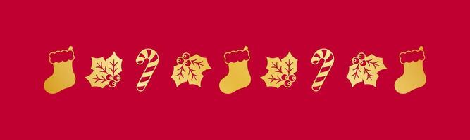 oro Natale a tema decorativo confine e testo divisore, Natale calza, caramella canna e vischio modello silhouette. vettore illustrazione.