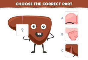 formazione scolastica gioco per bambini scegliere il corretta parte per completare un' carino cartone animato fegato immagine stampabile anatomia e organo foglio di lavoro vettore