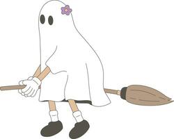cartone animato retrò Groovy fantasma Halloween equitazione un' scopa vettore