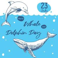mondo balena e delfino giorno luglio 23. vettore manifesto. balene siamo disegnato di mano, incisione tecnica, linea disegno. mare animali nuotare nel il oceano ambientale protezione concetto. oceano giorno.
