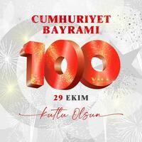 Turco testo, cumhuriyet bayrami si intende repubblica giorno, kutlu olsun - contento compleanno. 29 ekim - ottobre 29. 100 sì, 100 anni. saluto carta design per 100 ° anniversario di repubblica. vacanza striscione. vettore