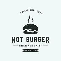 retrò Vintage ▾ caldo hamburger fresco e gustoso logo design. logo per ristorante, attività commerciale, etichetta, distintivo e emblema. vettore