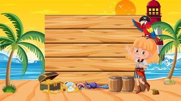 modello di banner vuoto con bambini pirati sulla scena del tramonto sulla spiaggia vettore