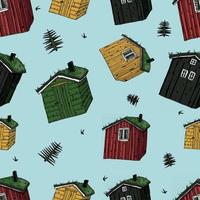 case in legno con erba sul tetto colorato modello senza cuciture vettore